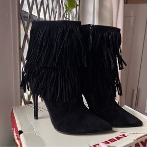 Black Suede Fringe Heels